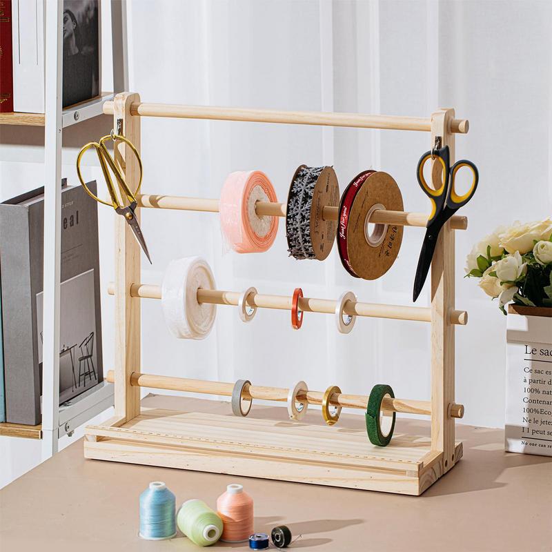 4 Tiers Wooden Ribbon Rack Ribbon Spool Holder Storage Display Shelf Craft Ribbon Stand For Craft Room ribbon organizer