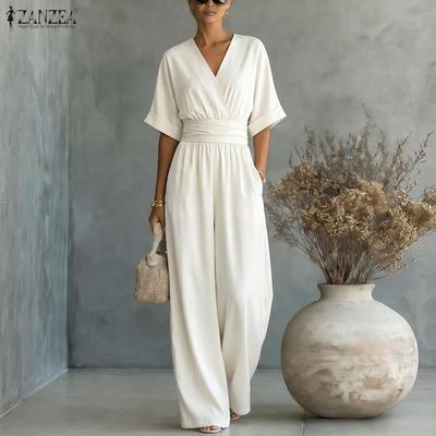 Tute casual da donna con scollo a V, tinta unita, manica a 3/4, gamba larga