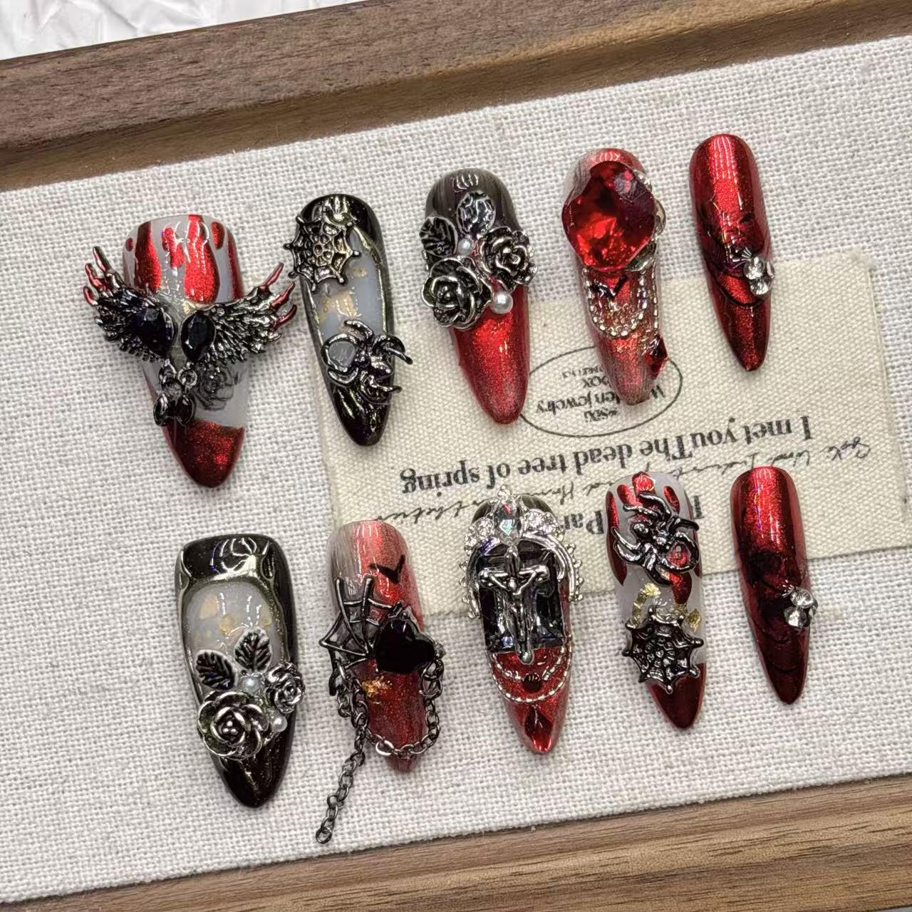 Dark Style Handmade Pointed Medium-Long Nails with Tassel Accents