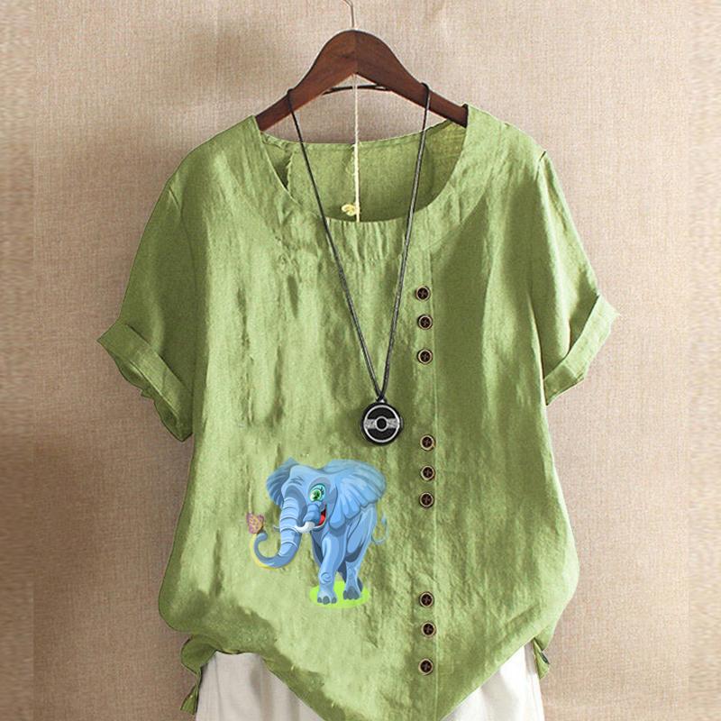 Women's Fashion Elephant Print Short Sleeve T-shirt Loose Cotton Shirt Casual Loose Summer Blouse Tops Plus Size
