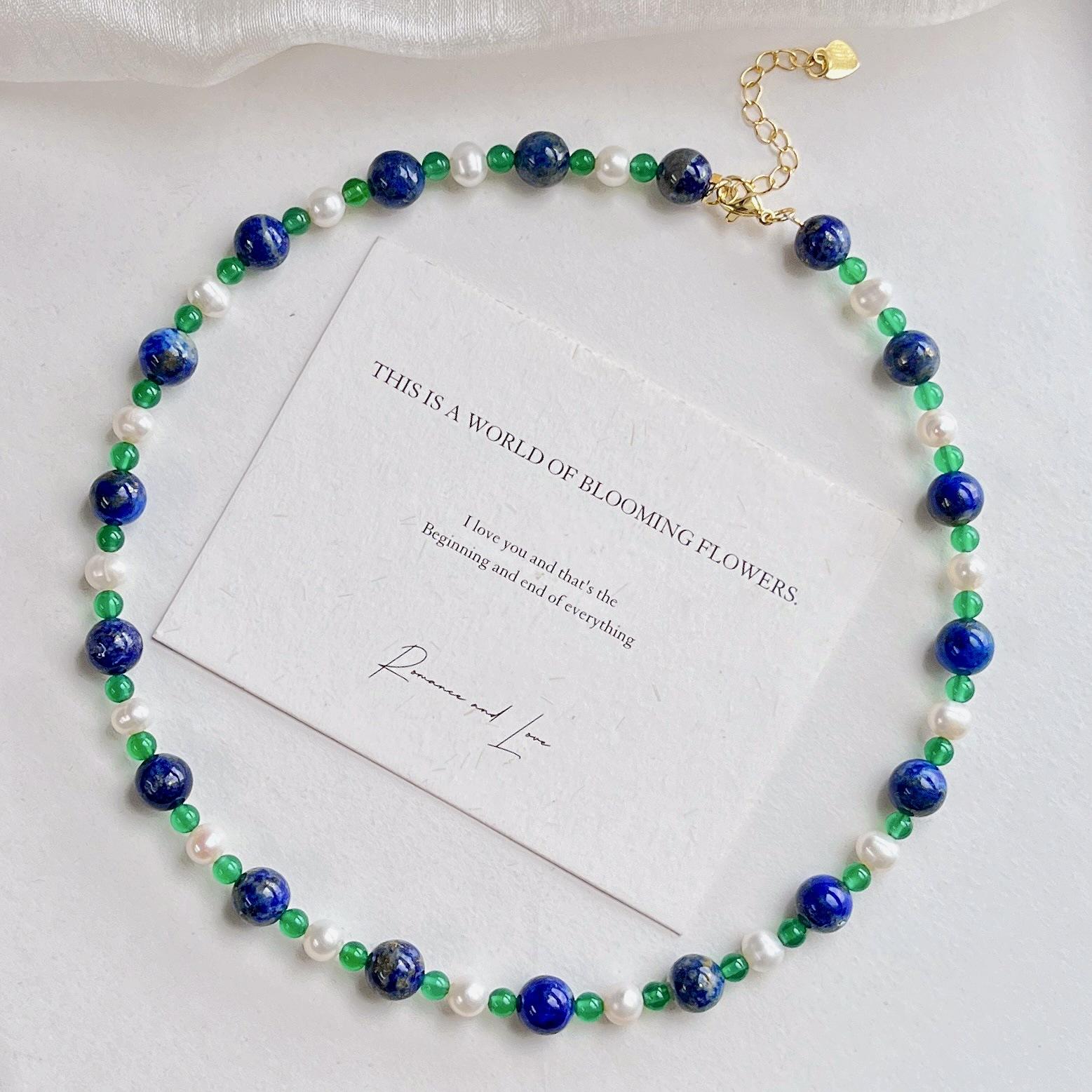 Natural Freshwater Pearl Lapis Lazuli Chalcedony Design Sense Collarbone Chain Necklace
