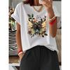 European Size European Size Women's White T-Shirt with Golden & Brown Botanical Butterfly Print - Short Sleeve Casual Blouse