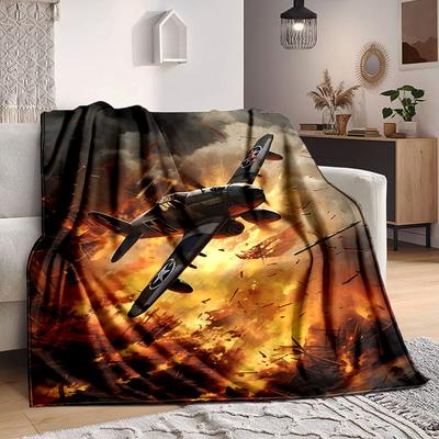 1pc Warplane Lightweight Flannel Blanket, Comfortable and Warm Blanket, for Office and Camping Sofa Bed, Livingroom040