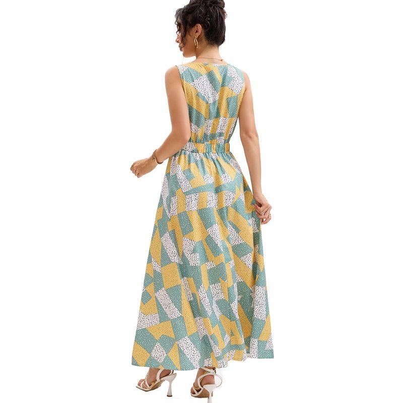 Vacation Seaside Skirt Irregular Geometric Print V-neck Temperament Elastic Waist Hugging Slimming Sleeveless Vest Skirt Long dress Women