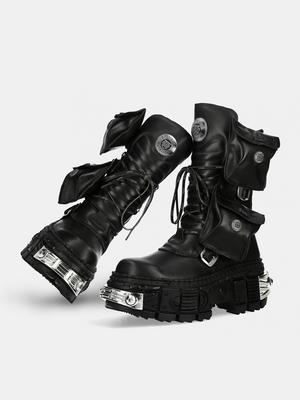 2024 Neue Punk Damen Plateau Stiefeletten Damen Rock Runde Zehe Schnürung Retro Klobige Schuhe Metalldekor Kurze Stiefel
