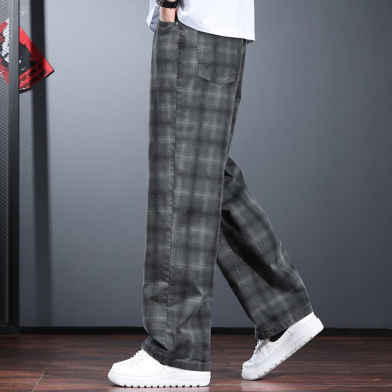 Men's Retro Washed Plaid Straight Loose Cargo Pants
