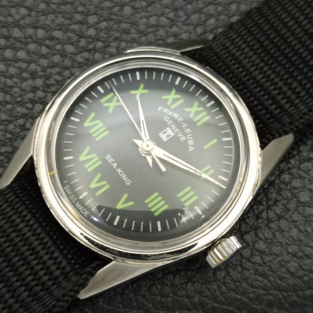 VINTAGE FAVRE LEUBA SEA KING 101 HAND-WINDING SWISS MENS BLACK WATCH A702006-5 R208-a702006