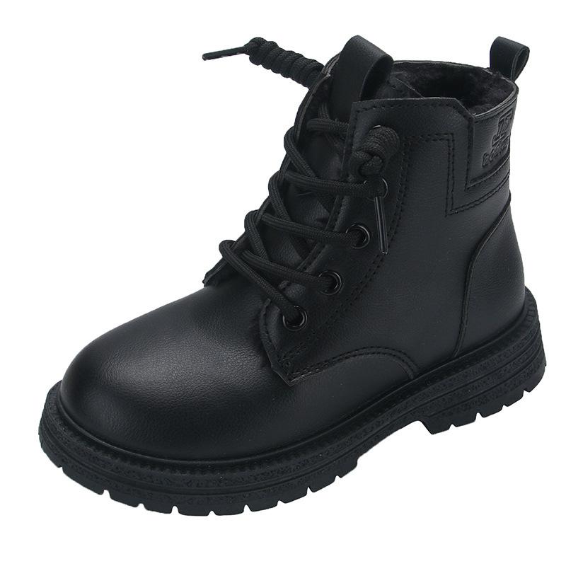 Children's Martin Boots Girls' Black Leather Boots 2025 New Girls' Single Boots Boys' Short Boots Autumn and Winter Velvet Cotton Boots Tide
