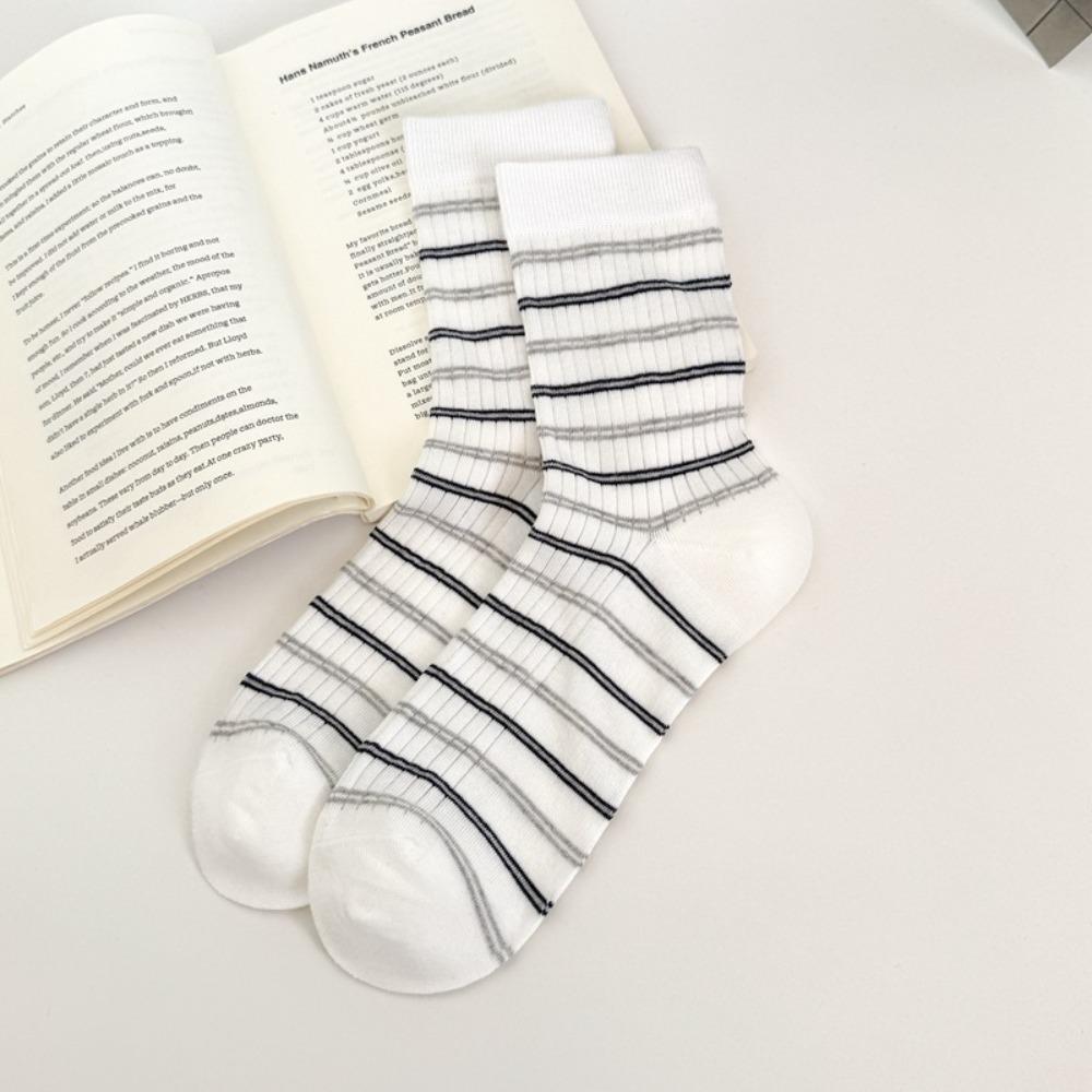 Korean Style Mid-calf Socks Grey Checkered Boneless Pile Socks New Cotton Socks Spring Summer