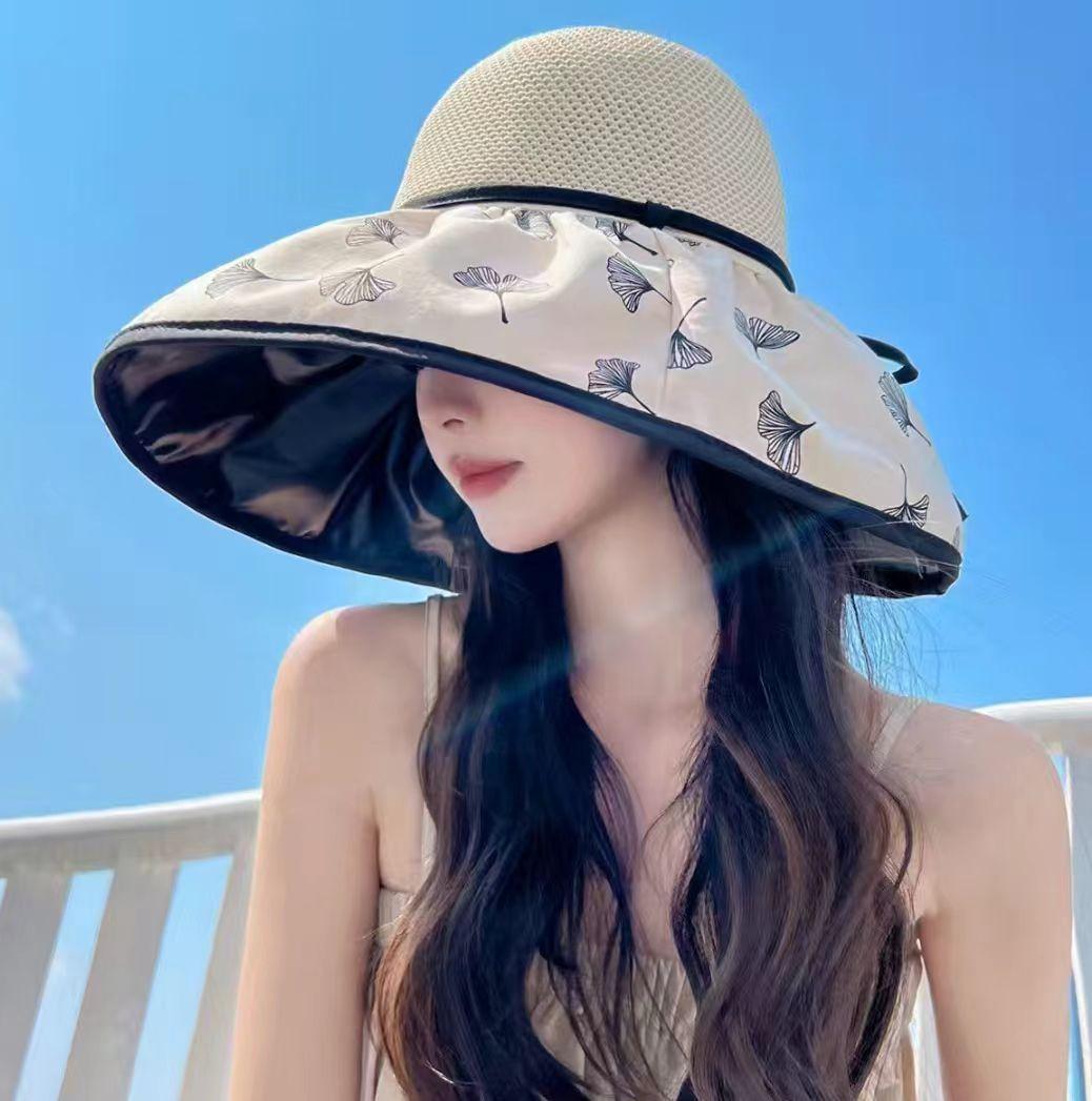 

Big brim bucket hat vinyl sun hat bow hat summer big head circumference sun hat women s beach hat One size fits all бежевый