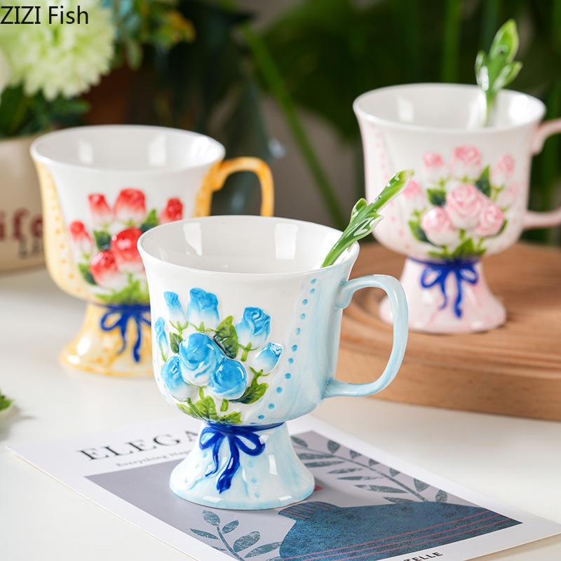 Enamel Rose Relief Cup&saucer Porcelain Coffee Mug Dining Table Flower Decorative Mugs Afternoon Tea Teacup Fruits Juice Cup