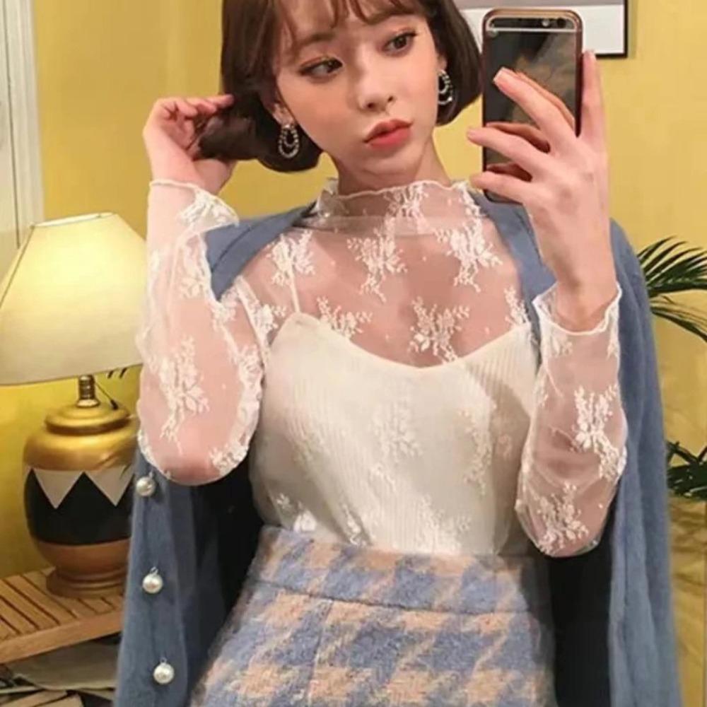 

Блузка с полым кружевным низом, с длинным рукавом, прозрачные топы, элегантные кружевные цветочные рубашки, женская кофейный