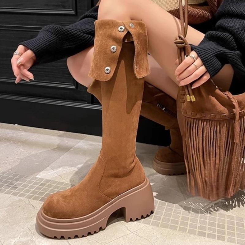 

Retro fashion knee boots thick-soled versatile two-wear folded knight boots 2025 new thin high boots women s winter 40