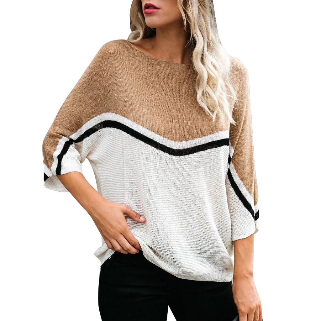 

(SU)Womens Color Block Crewneck Sweaters Sleeve Loose Chunky Knitted Pullover