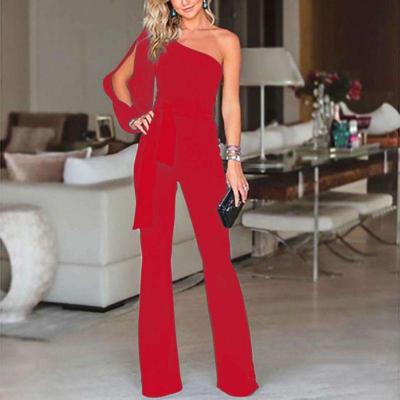 

One-Shoulder Asymmetric Women s Jumpsuit Red L