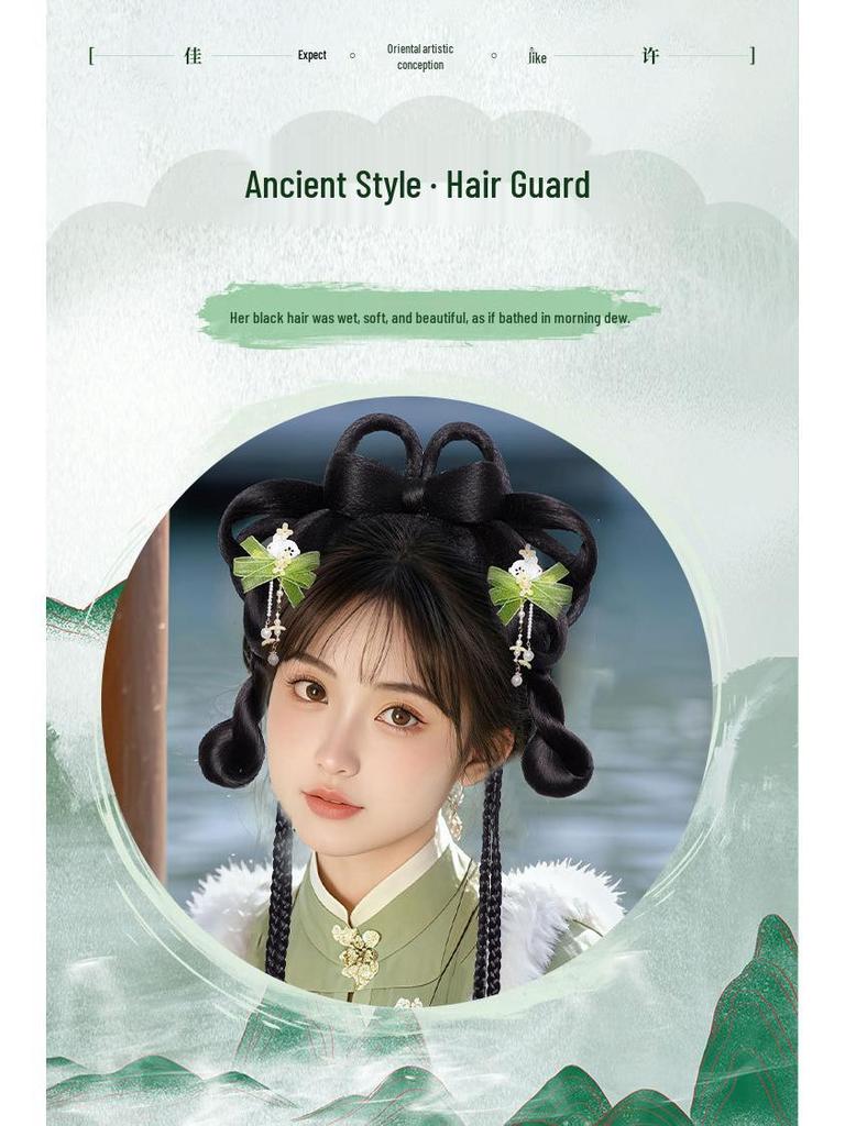 Herbst/Winter Hanfu Perücke und Pompon Stirnband Haaraccessoires Set