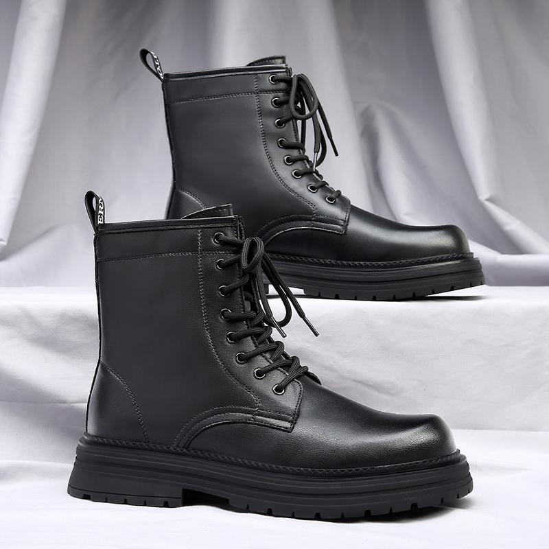 New Casual Leather Mens High Top Shoes Classic Motorcycle Boots British Style Mid-Calf Ankle Boots Thick Bottom Male Basic Boots