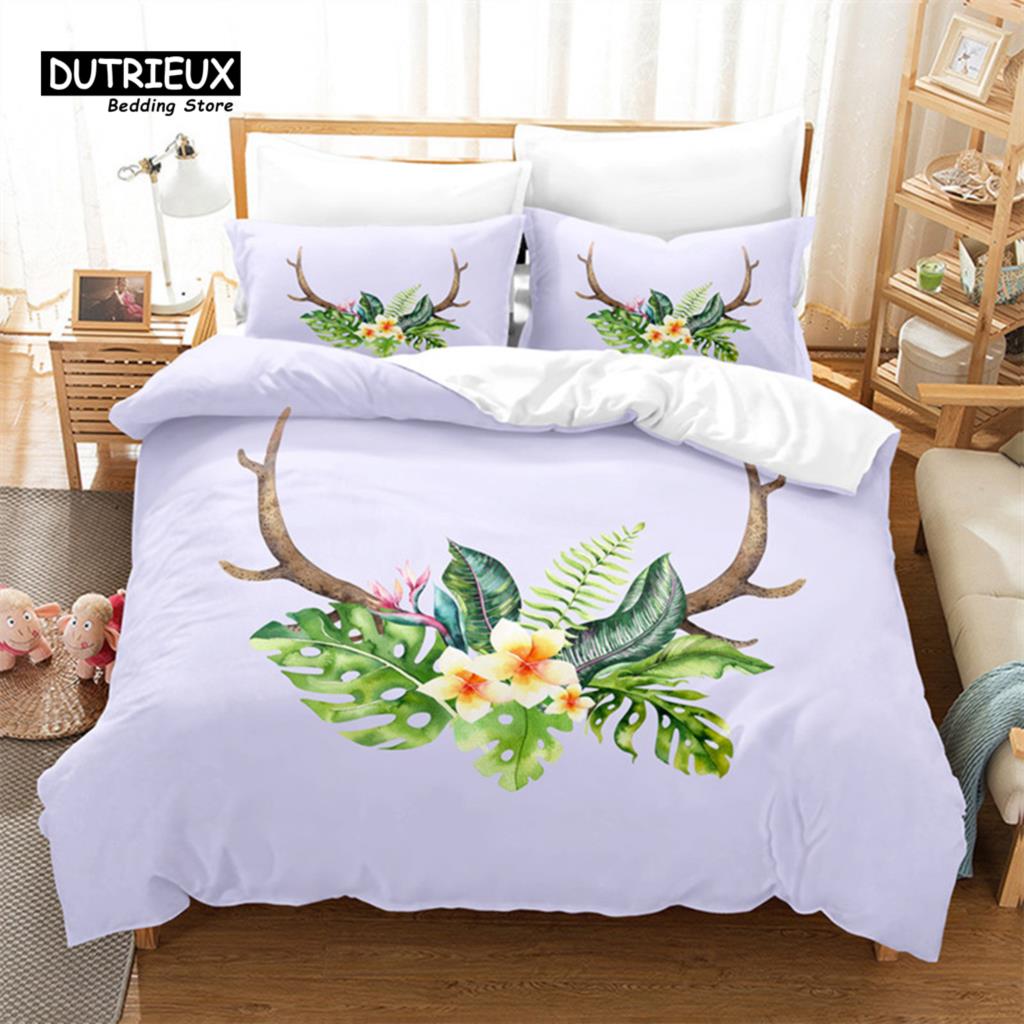 Cartoon Elk Duvet Cover Giraffe Deer Bedding Set Full For Kids Teens Room Decor Wild Animal Floral Quilt Cover With Pillowcases