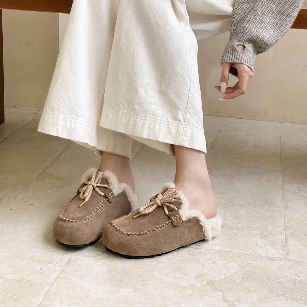 2025 autumn fashion bag head matte leather bow lace-up thickened fluff outer wear commuter women's shoes