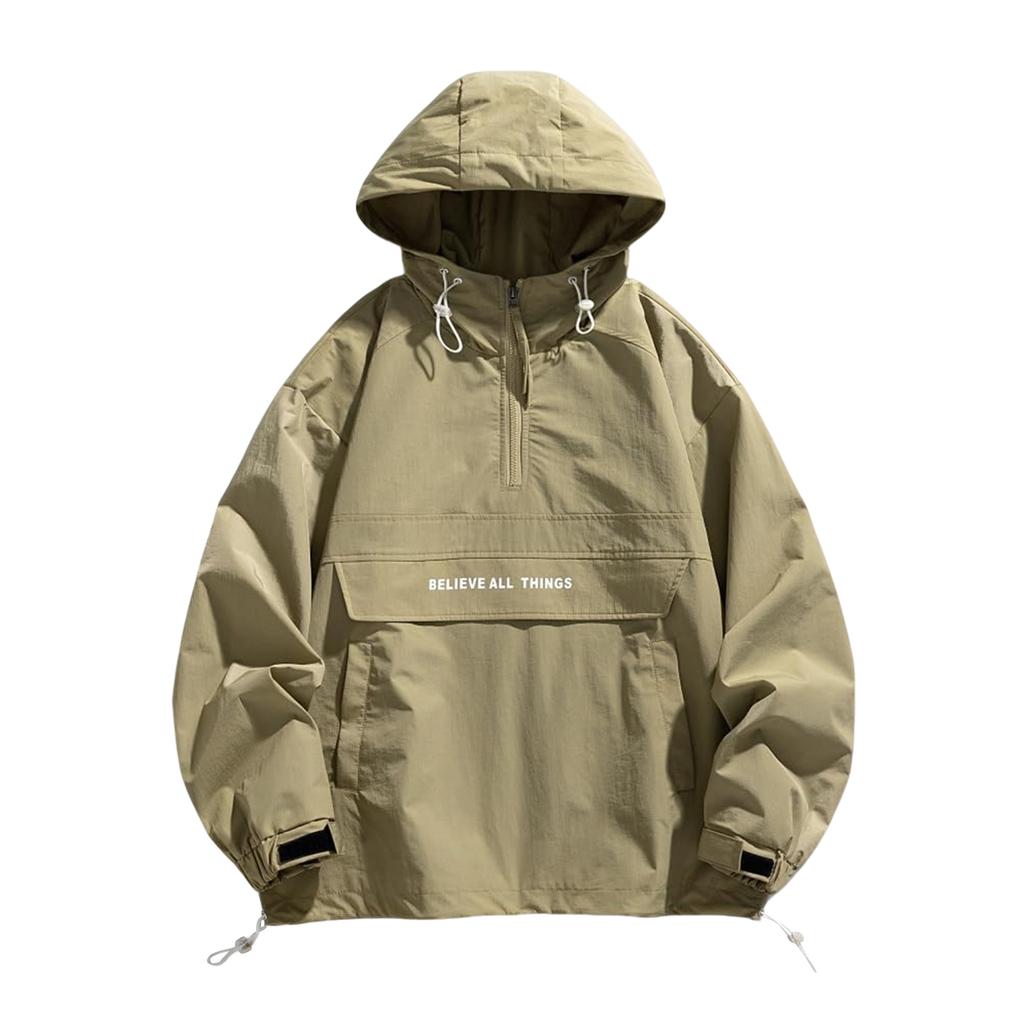 Men's Letter Print Half Zip Hooded Jacket, Casual Regular Fit Long Sleeve Jacket For Spring & Fall, Fashion Men's Outerwear For Daily Wear