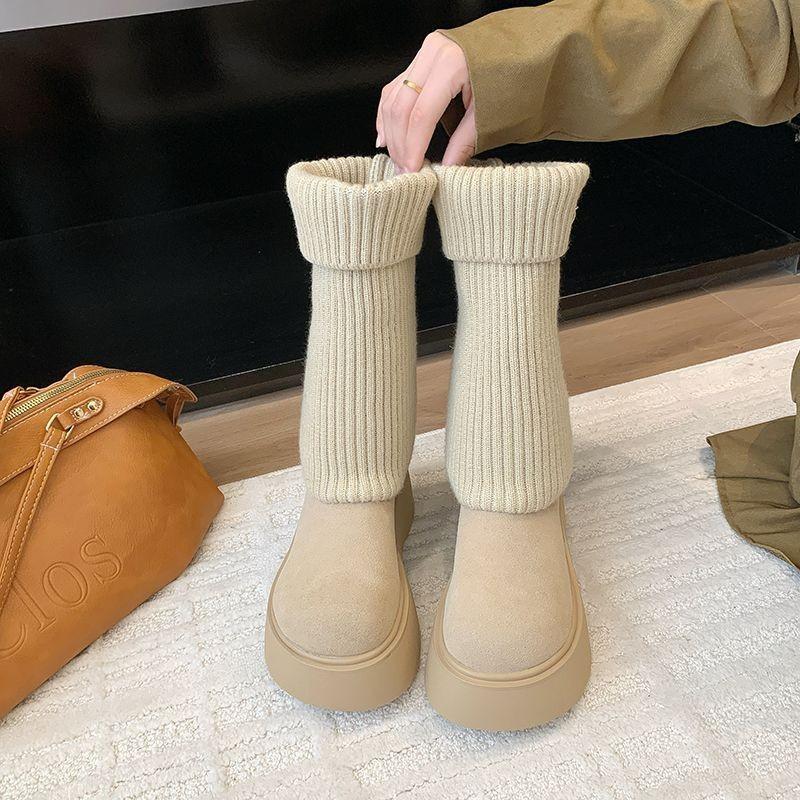 Women's fur one thick sole heightening winter lightweight padded warm snow boots non-slip wear casual sports mid-calf elastic socks cotton boots