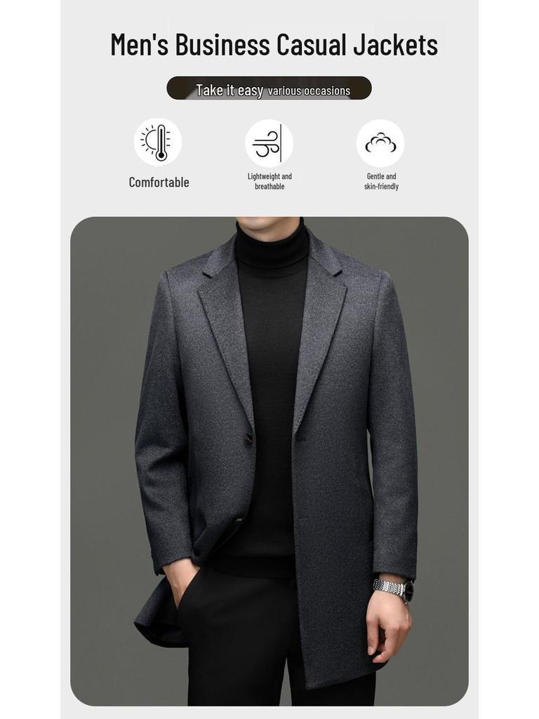 Herren Mittellanger Woll-Kaschmir-Mantel - Herbst Winter Lässiger Windbreaker Anzug