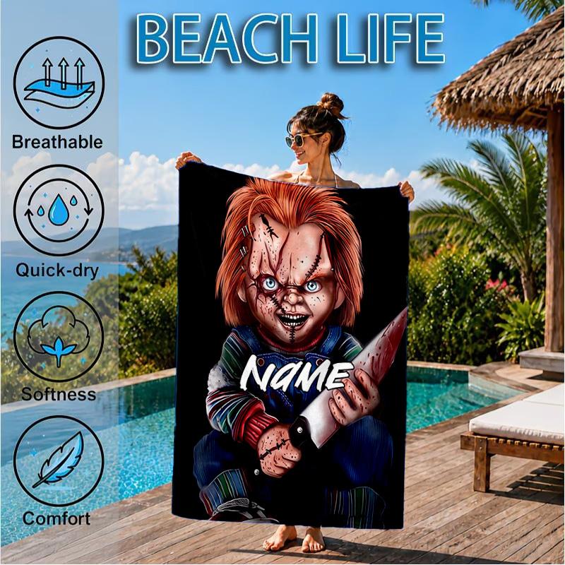 Custom Name Chucky's Bloody Tale Beach Towel Microfiber Beach Towel, Lightweight and Quick-Dry, for Summer Travel, Swimming Pool Gift