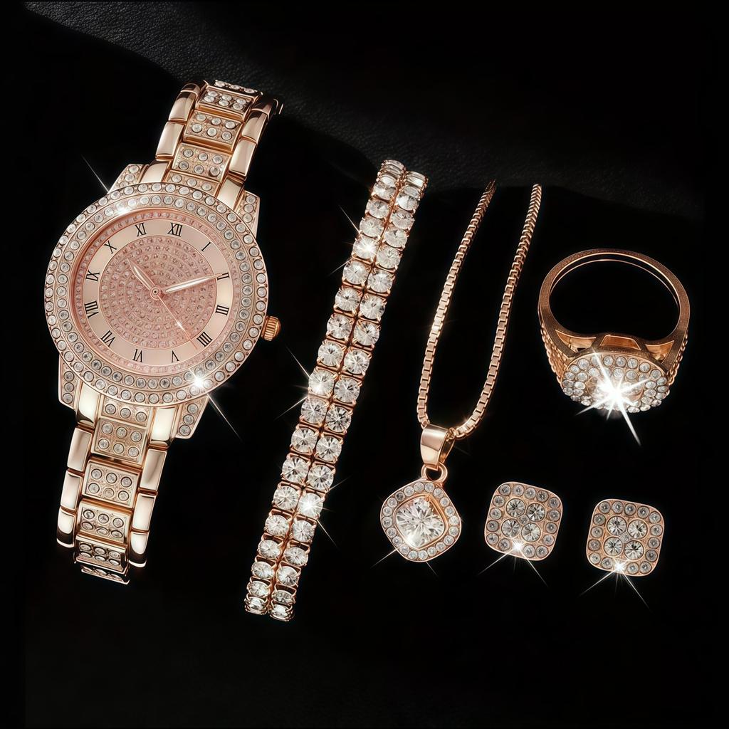 Ladies Cornucopia Diamond Watch Set, Popular 5pcs Bracelet Accessories Fashion Quartz European Beautiful Women Watch Set