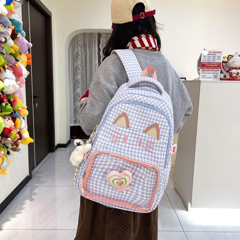 Cartoon Embroidery Cat's Ears Backpacks Primary Middle High School Students Lightweight Waterproof Travel Bag Multi Pocket College Student Schoolbags