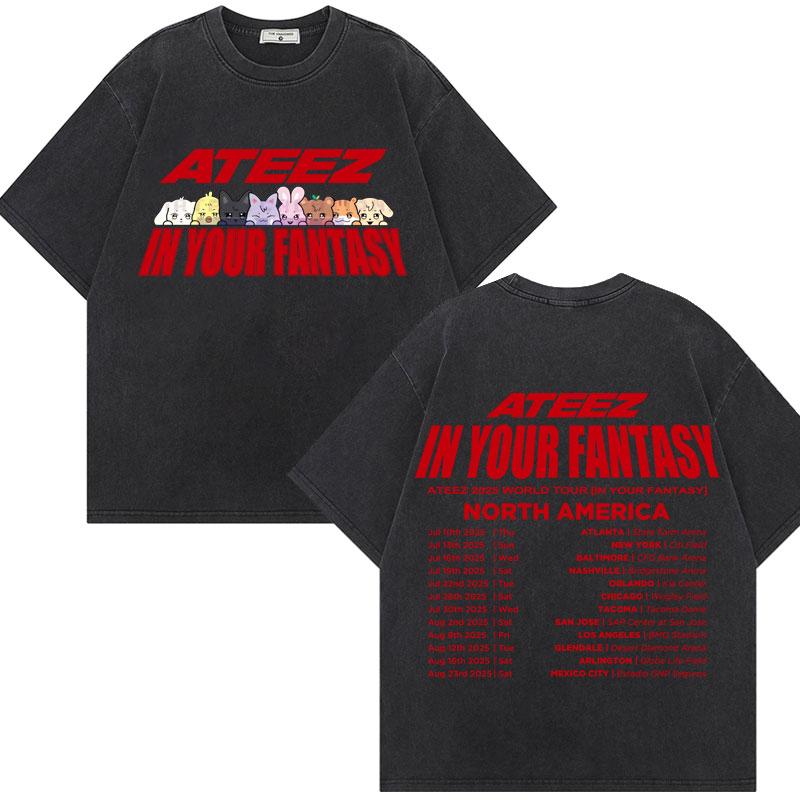 ATEEZ  World Tour in Your Fantasy Graphic T Shirt Harajuku Kpop Vintage Washed Tshirt Unisex Fashion Casual Cotton Tshirts
