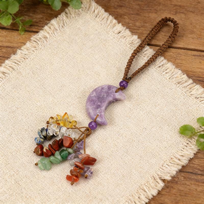 Handmade Woven Tassel Crystal Car Hanging Decoration Colorful Natural Crystal Moon Pendant Crafts for Decoration One Size