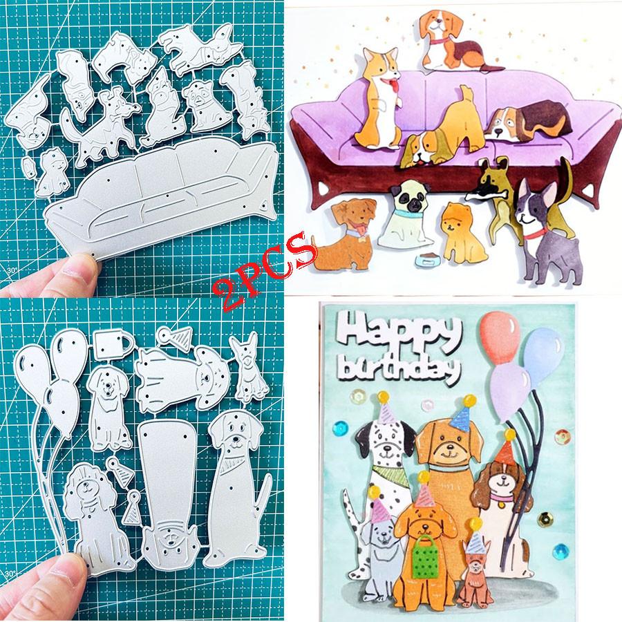 2 Stück/Los Hunde Stanzformen für Kartenherstellung, Welpen Metallschneidformen, Metallstanzform, Scrapbooking Stanzformen, DIY geätzte Prägeschablone für Bastelarbeiten