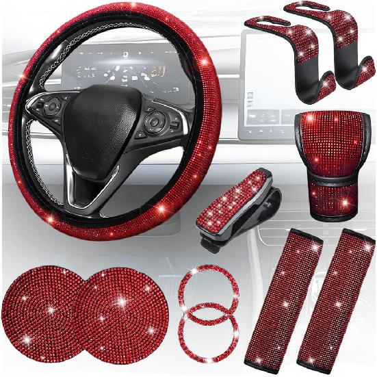 11PCS/Set Bling Car Accessories Set for Women, Rhinestone Vehicle Steering Wheel Cover Seat Belt Cushion Gear Shift Protector Cup Holder Coaster,