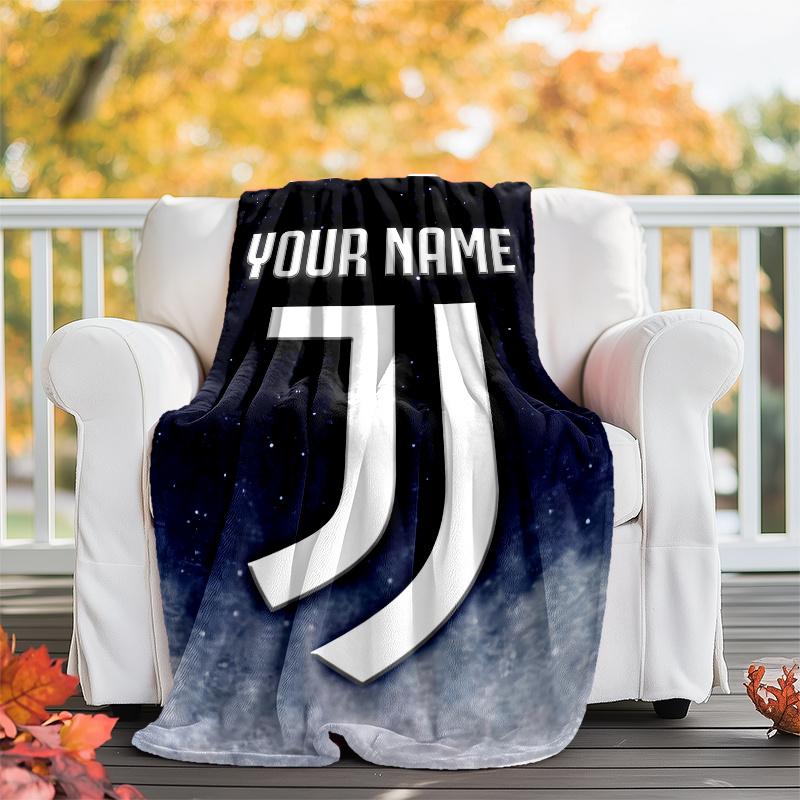 1pc Personalized Name Juventus Theme Blanket - Digital Print, Polyester, Cozy for All Seasons, Perfect for Outdoor, and Travel