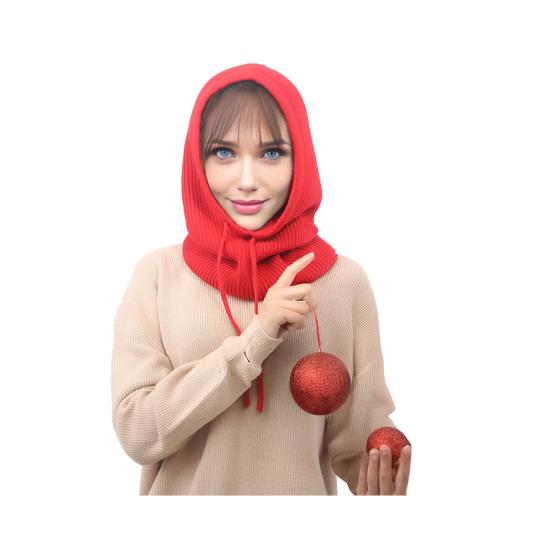 Strickmütze Schal Kombi Einfarbig Verstellbarer Kordelzug Kapuzenschal Damen Winter Warm Winddicht Elastisch Thermomütze