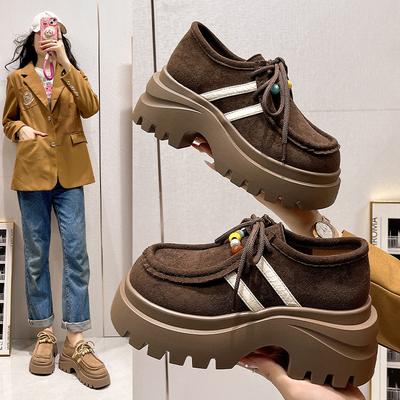 Mocassins femininos de outono novos, com franjas retrô, cadarço, sola grossa para aumentar a altura
