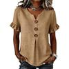 Women Solid Color V Neck Short Sleeve Button Casual T Shirt Top
