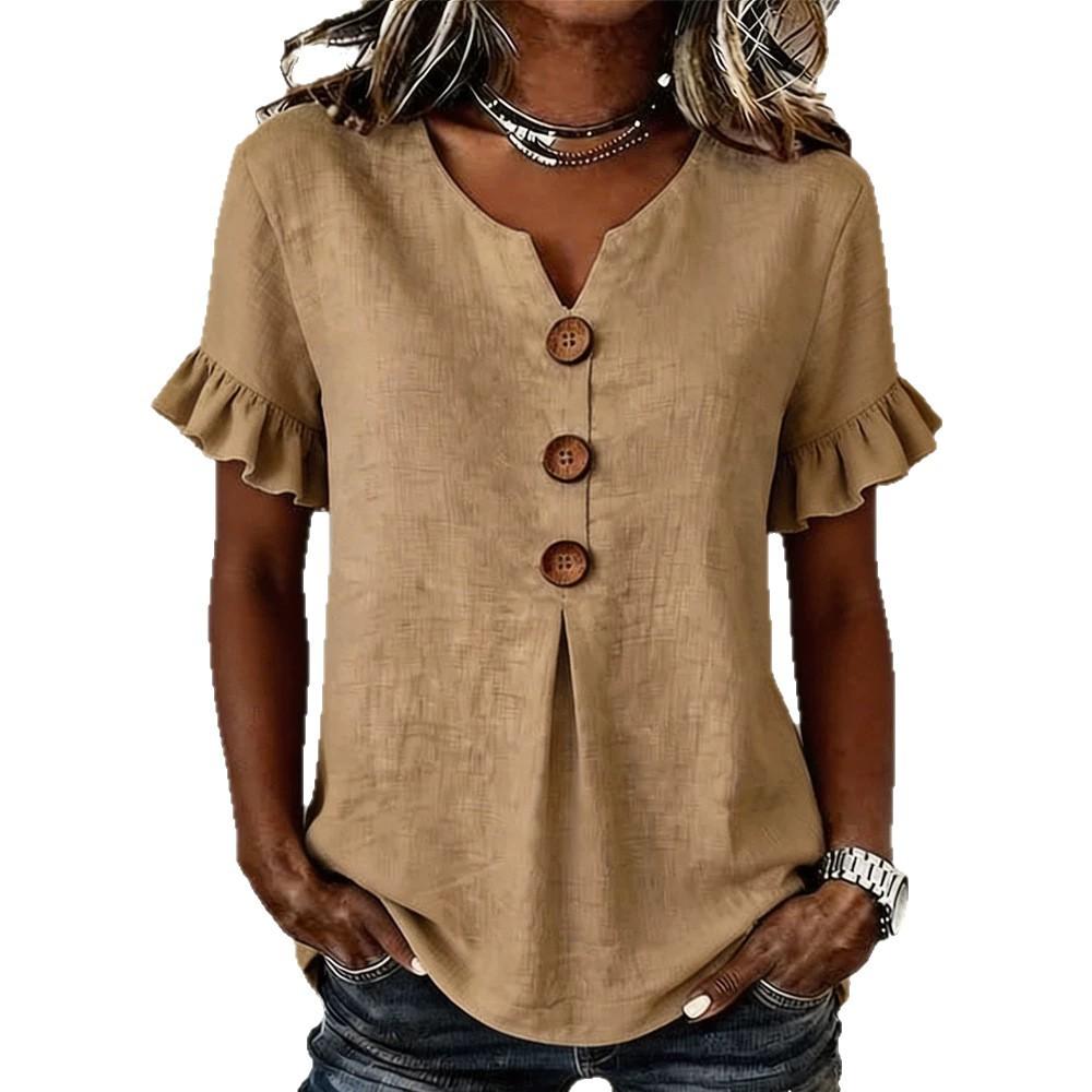Women Solid Color V Neck Short Sleeve Button Casual T Shirt Top