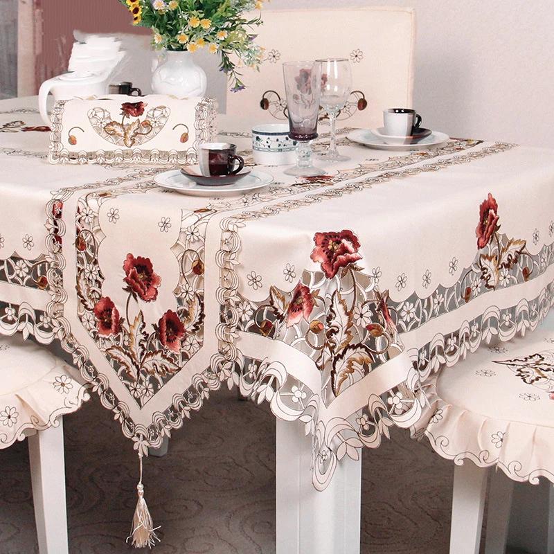 Luxury Hollow Embroidered Tablecloth Table Runner Fabric Dining Table Cloth Chair Cushion Tea Table Cover Elegant Table Decor