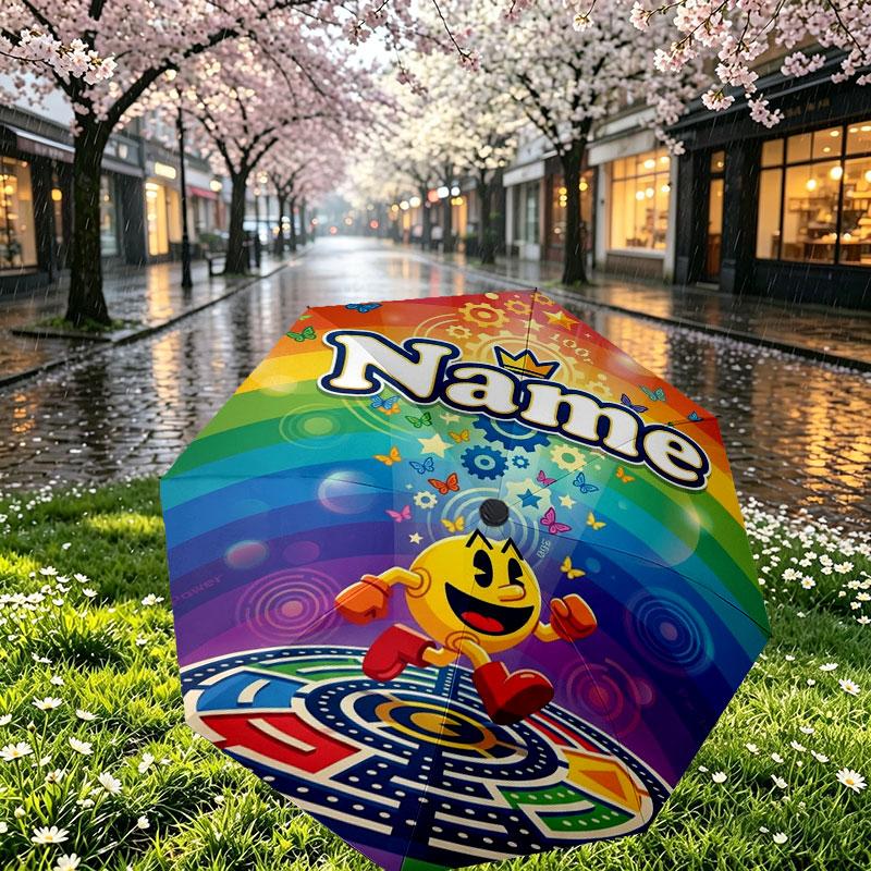 Custom Name Personalized PAC MAN Print Umbrella, Auto Open Close, 8‑Rib Sturdy Frame, Commute Camping Hiking Use, Birthday Gift