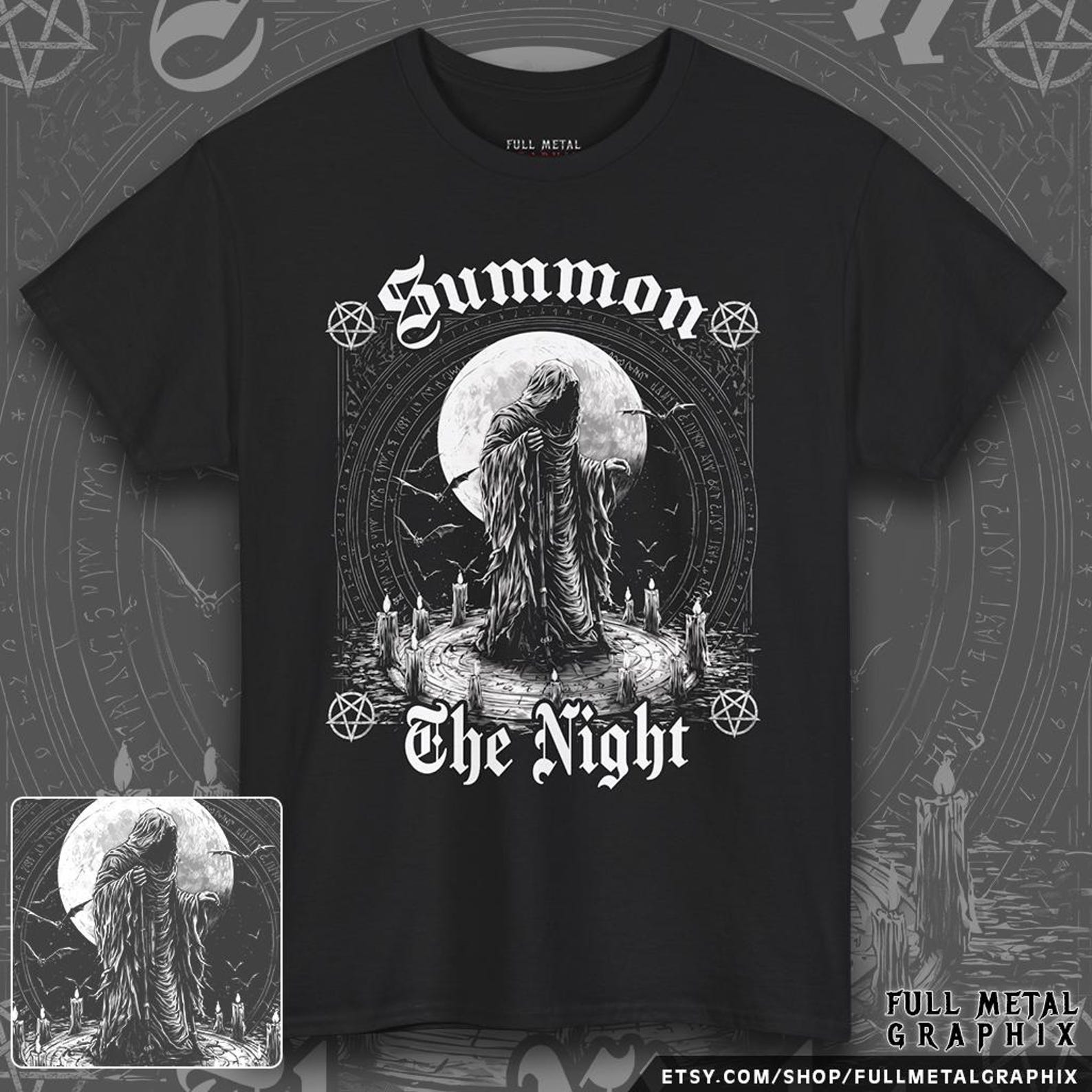 Summon The Night T-Shirt - Front Print | Gothic Horror Shirt | Occult Dark Art Tee | Hooded Figure Ritual Shirt | Witchcraft Graphic Tee XL