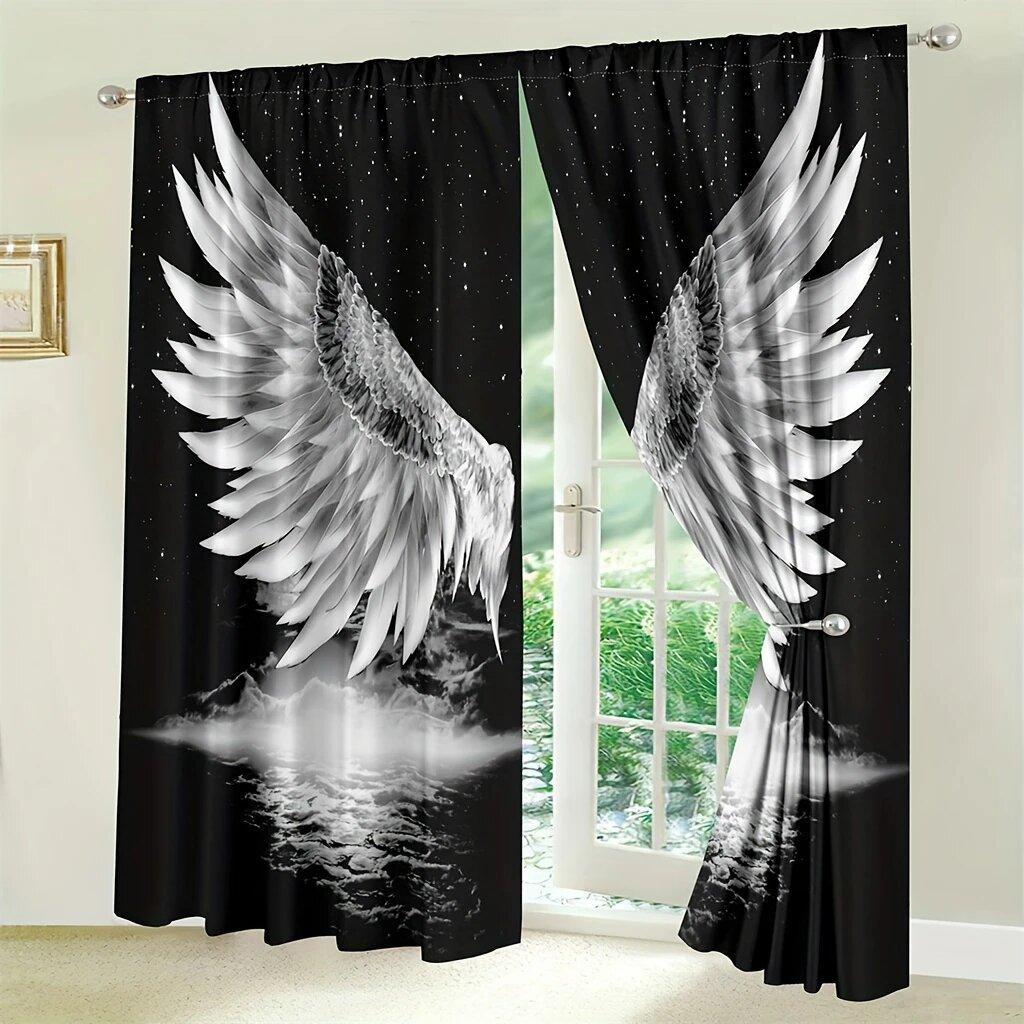 2 Pieces of Angel Wings and Star Printed Curtains, Pole Bag Home Decoration, Room Decoration