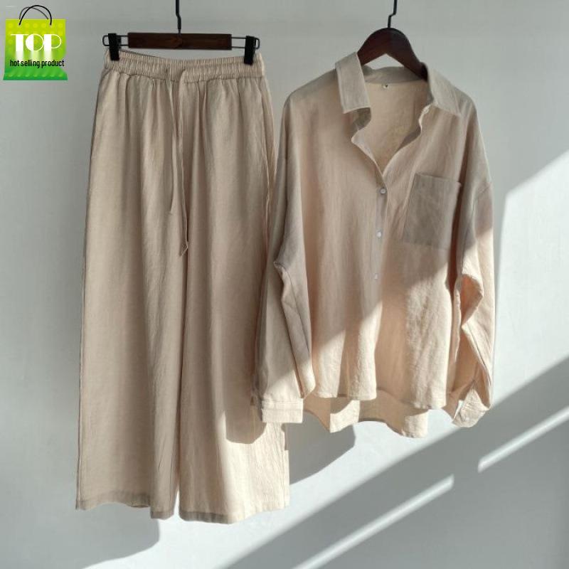 

Women s Retro Plus Size Cotton Linen Shirt and High Waist Wide Leg Pants Two-Piece Set 2025 XL хаки