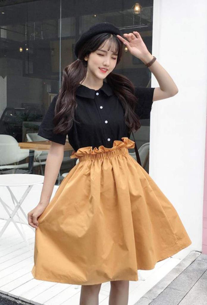 Summer Loose Solid Girly Dress [PIITE] Women's Dress, Cute, Fit, V-Neck, Color, Skirt, Sweet,