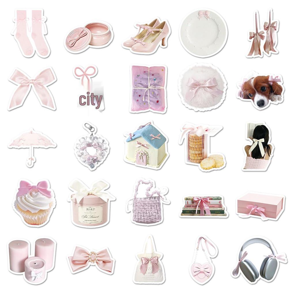 50 Sheets Bow INS Style Stickers: Fresh Pink Girly Journal, Guka Helmet, Water Bottle Stickers for DIY.