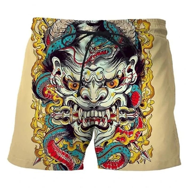 Vintage Japanese Tattoo Mask 3D Print Beach Shorts Men Women Summer Casual Swimtrunks Surfing Board Shorts Y2k Kids Clothing