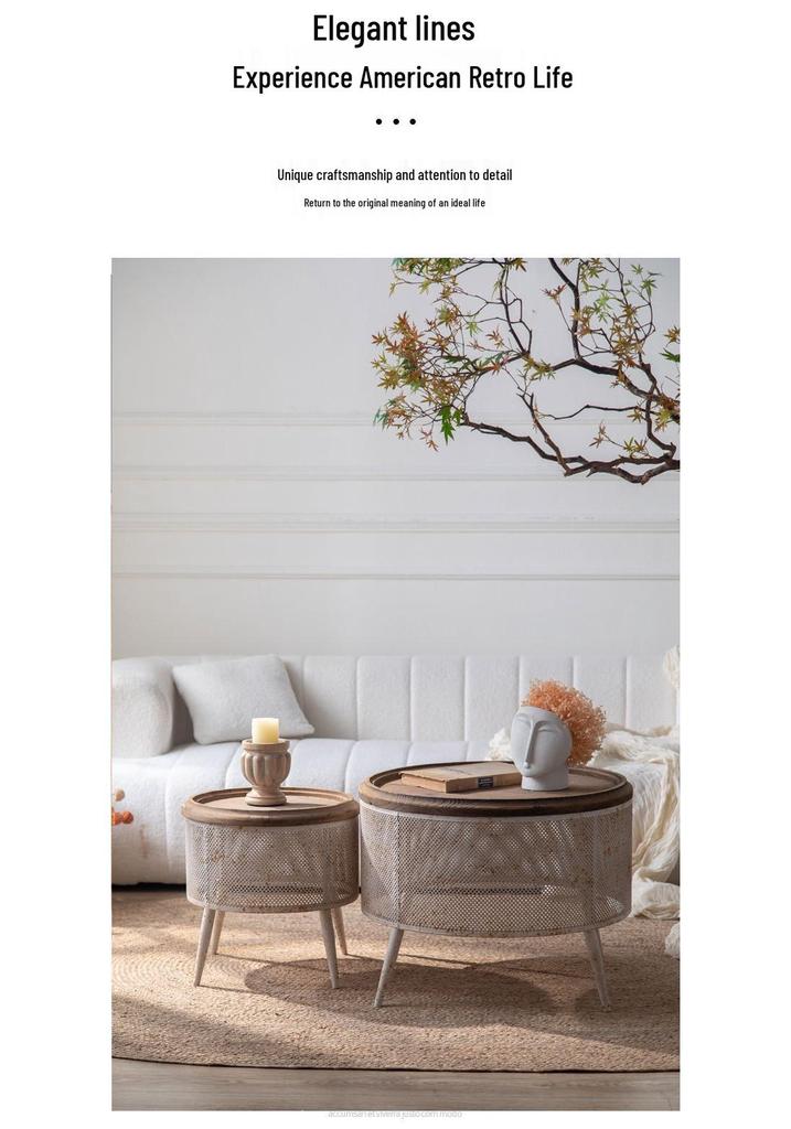 Vintage American Country Round Coffee Table - Distressed Wrought Iron Side Table for Living Room Decor, Ideal for Small Apartments.