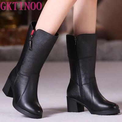 Mode GKTINOO Damen Mid-Calf Stiefel Winter Warm Seitenreißverschluss High Heel Stiefeletten Echtes Leder Plateau Mutter Schuhe Damenschuhe