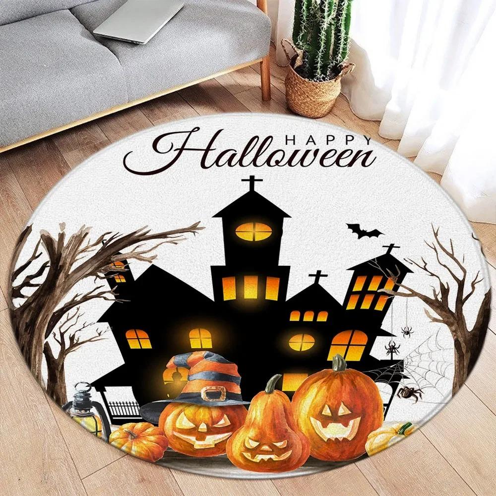 Halloween Themed Round Door Mat with Ghost Pumpkin Cat Skull Patterns Floor Mat for Home Decor Adding Festive Spooky Atmosphere