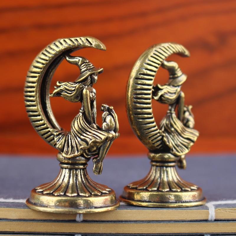 Brass Crescent Moon Witch Cat Statue Retro Gothic Mini Figurine Decor Ornament For Desktop Bedroom Mystical one size